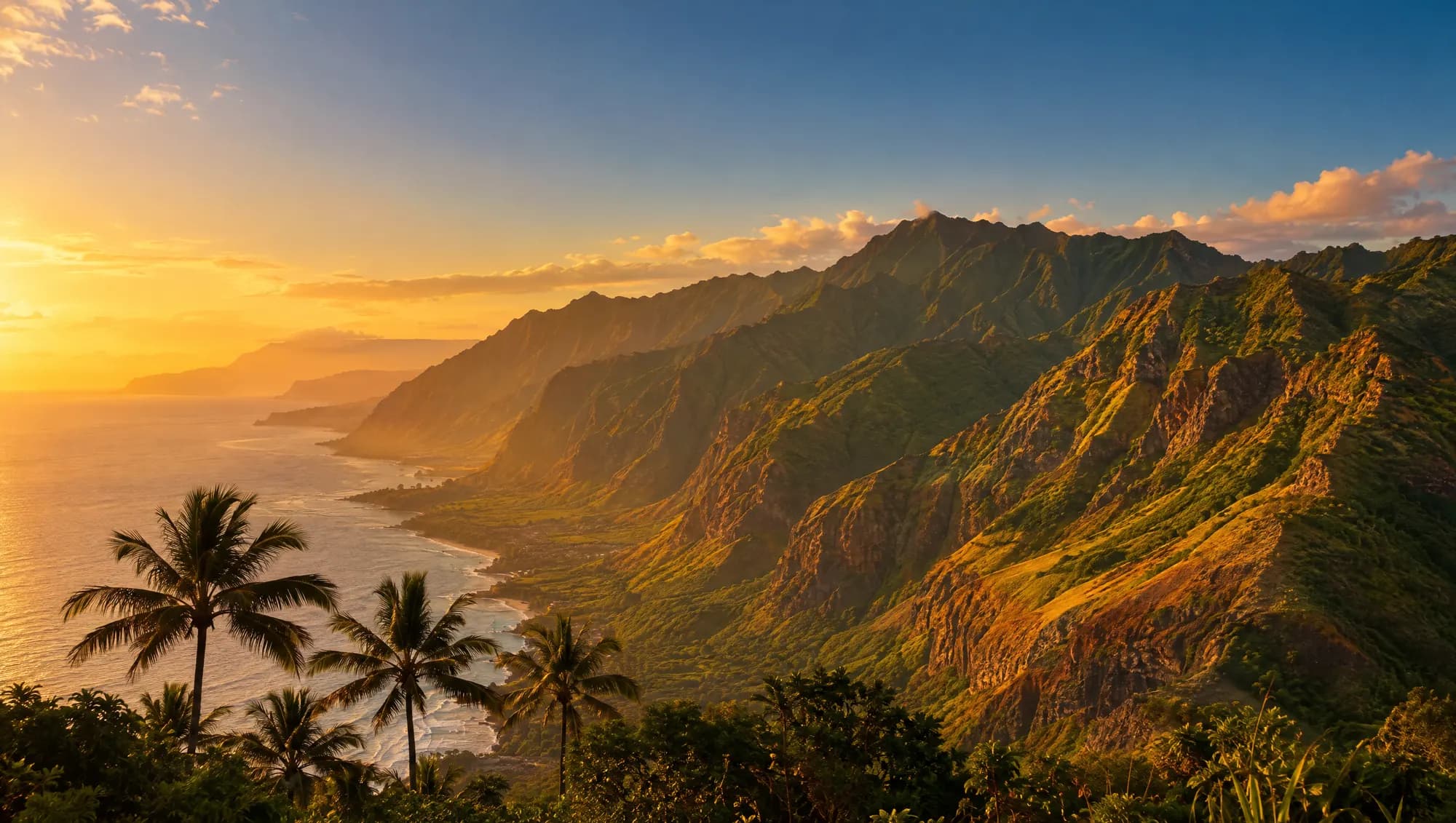 The Waiʻanae mountain range on Oʻahu at golden hour